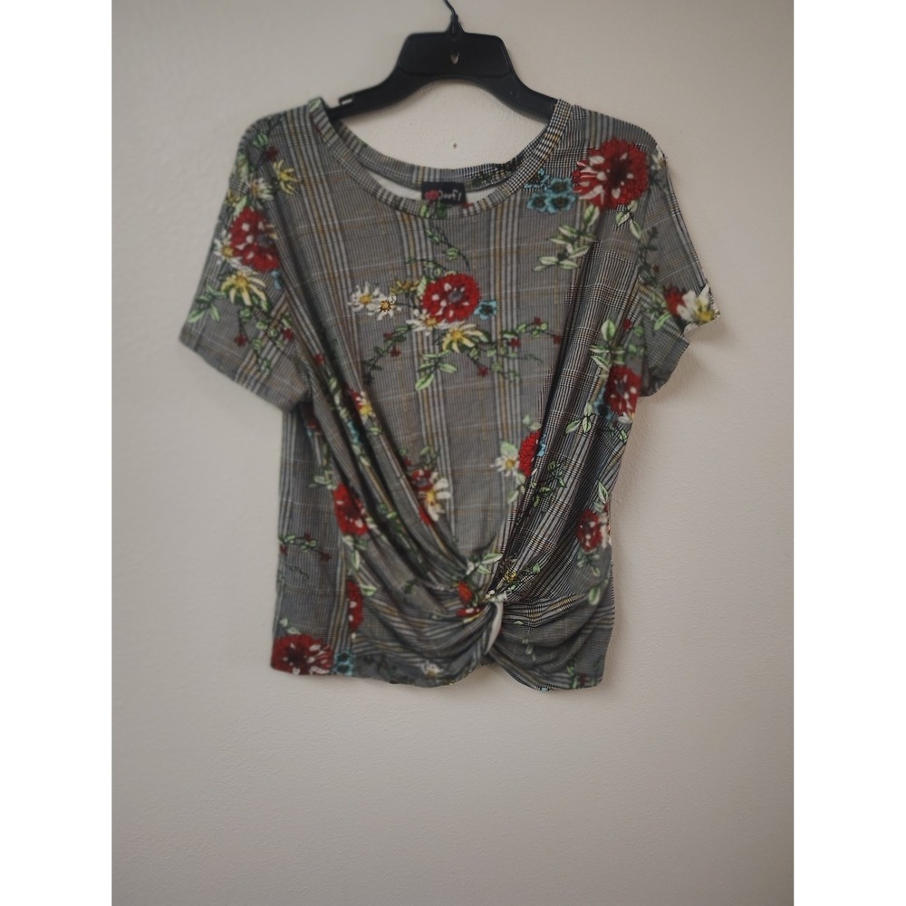 Poof! Womens 3X Glen Plaid Floral Twist Front Knot Short Sleeve Top Grey Red